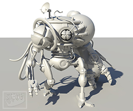 A 3-dimensional image of a wandering robot with some damage that I created in Maya. 2014