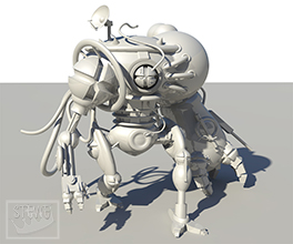 A 3-dimensional image of a wandering robot with some damage that I created in Maya. 2014