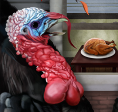 A wacky image of Turkeys reacting to their friend becoming Thanksgiving dinner! 2012