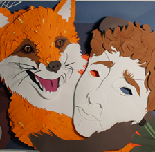 A cut paper illustration of the Aesop Fable, 'The Fox and The Mask.' A fox, having snuck behind the scenes of a theatre, holds up a mask. 2013