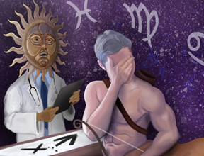 A layout illustration I made for an article in The Atlantic as part of a mockup. A saggitarius is talking to a zodiac doctor with a sun face about his broken sign. 2013